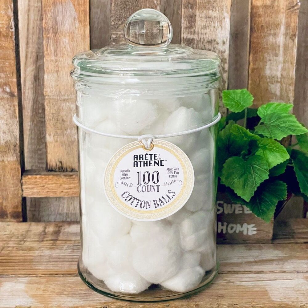 NWT Arete Athene Gorgeous Large Clear Glass Jar w/suction Lid 100 Cotton Balls